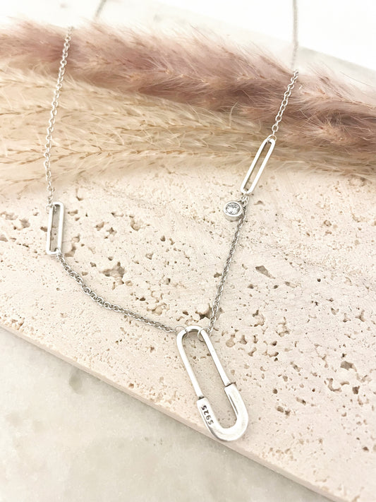 925 Sterling silver Paperclip necklace, safety pin necklace, silver chain link necklace, minimalist dainty trendy boho everyday necklace