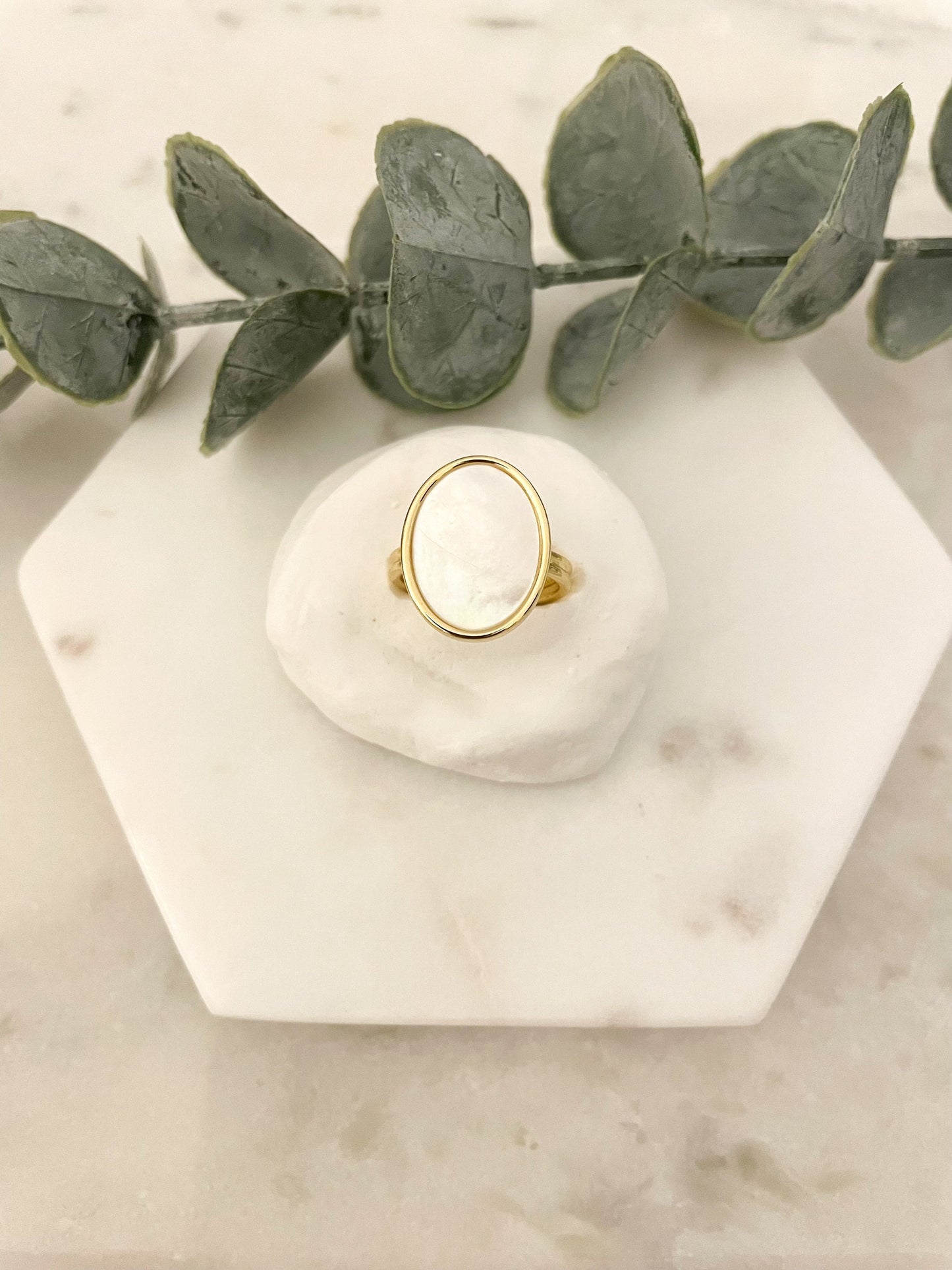 Gold & White Mother of Pearl Statement Ring - Bar or Oval Ring