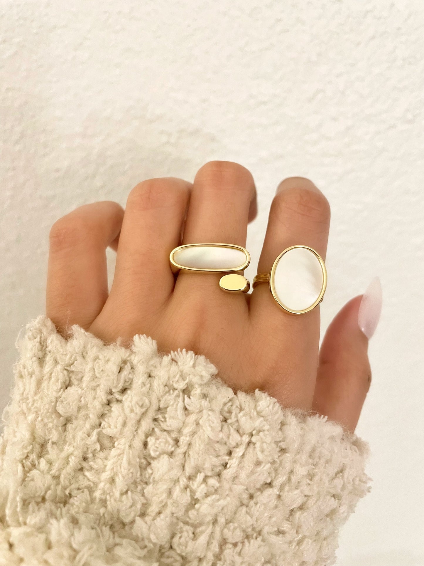 Gold & White Mother of Pearl Statement Ring - Bar or Oval Ring